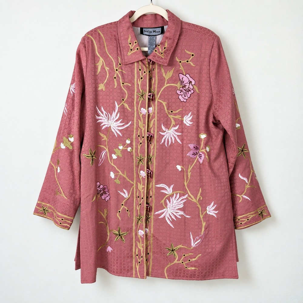Indigo Moon Pink Embroidered Jacquard Jacket XL Art to Wear Boho Botanical